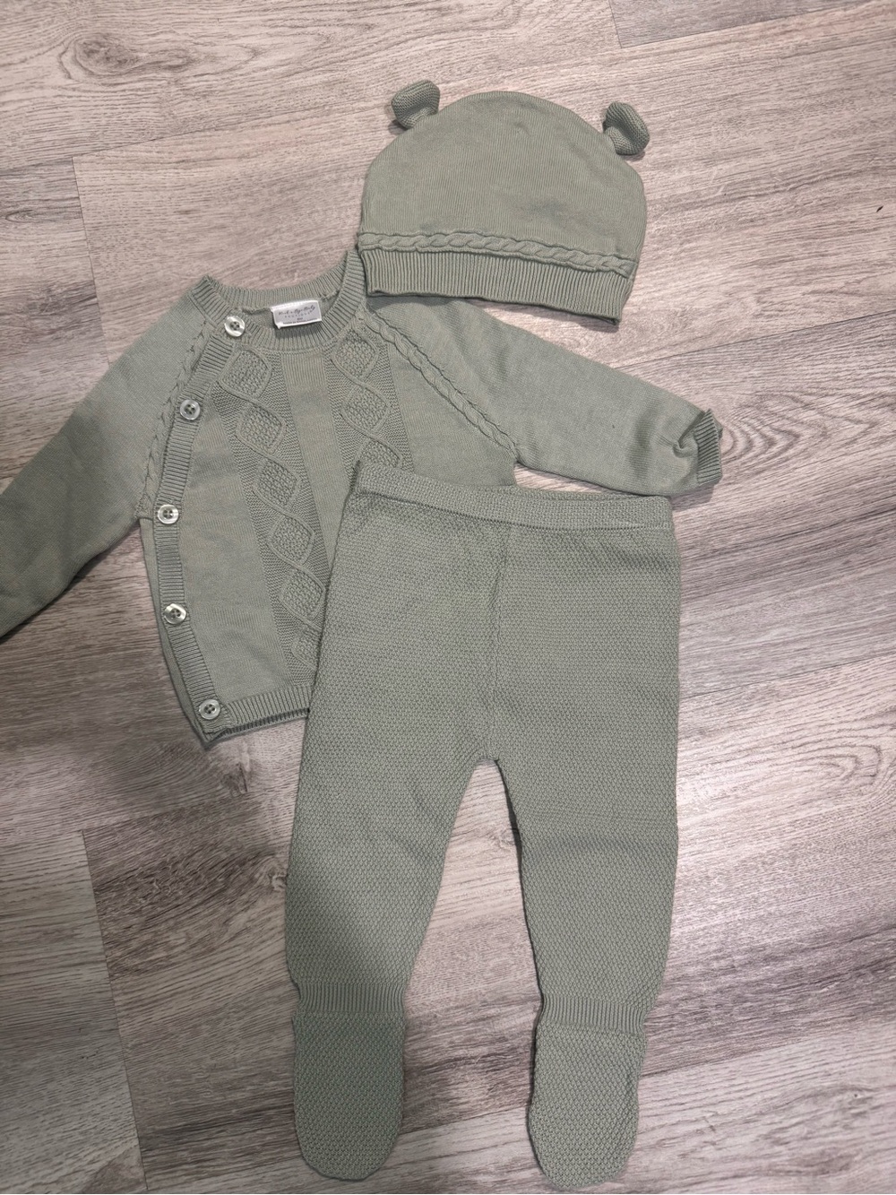 Baby Knit 3-Piece Set with Bear-Ear Hat - Sage Green